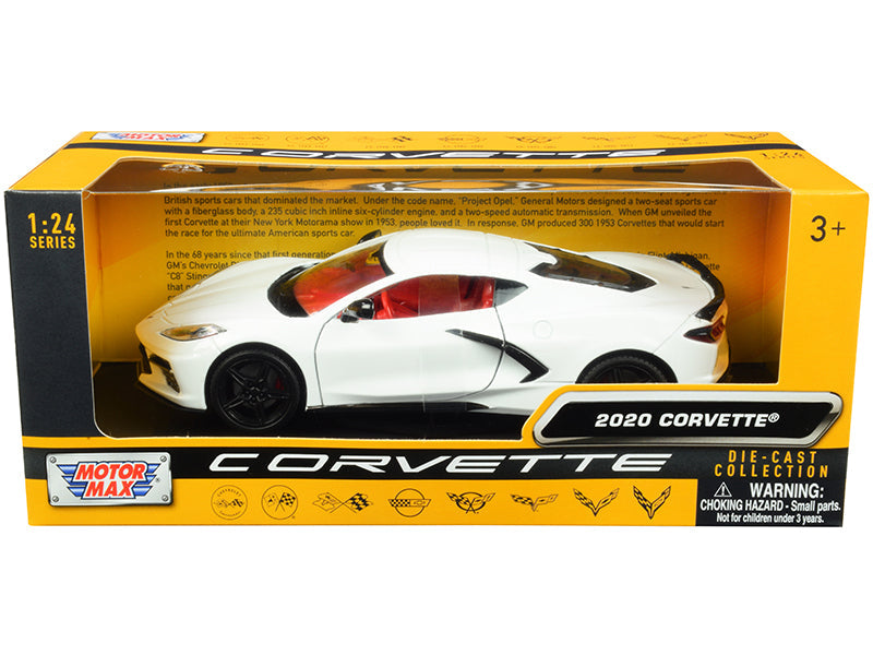 2020 Chevrolet Corvette C8 Stingray White with Red Interior "History of Corvette" Series 1/24 Diecast Model Car by Motormax free shipping USA