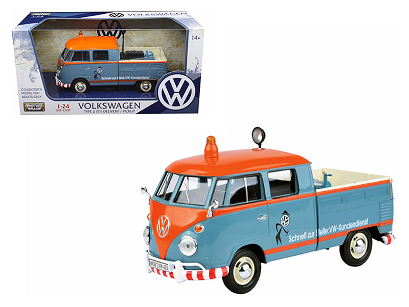 Volkswagen Type 2 (T1) Delivery Service Pickup Truck Blue and Orange "VW-Kundendienst" 1/24 Diecast Model Car by Motormax free shipping USA