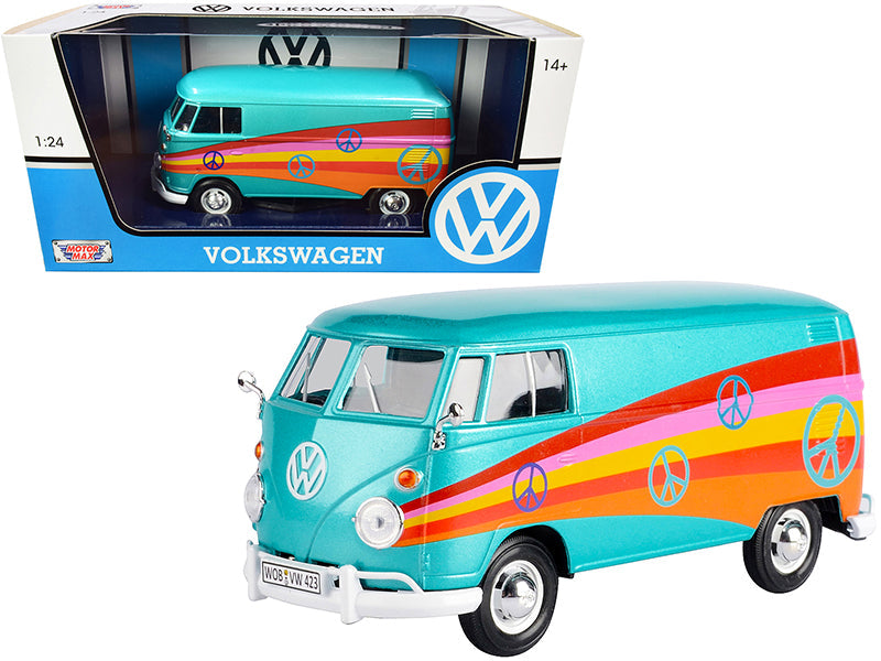 Volkswagen Type 2 (T1) Delivery Van "Peace" Turquoise Metallic 1/24 Diecast Model Car by Motormax free shipping USA