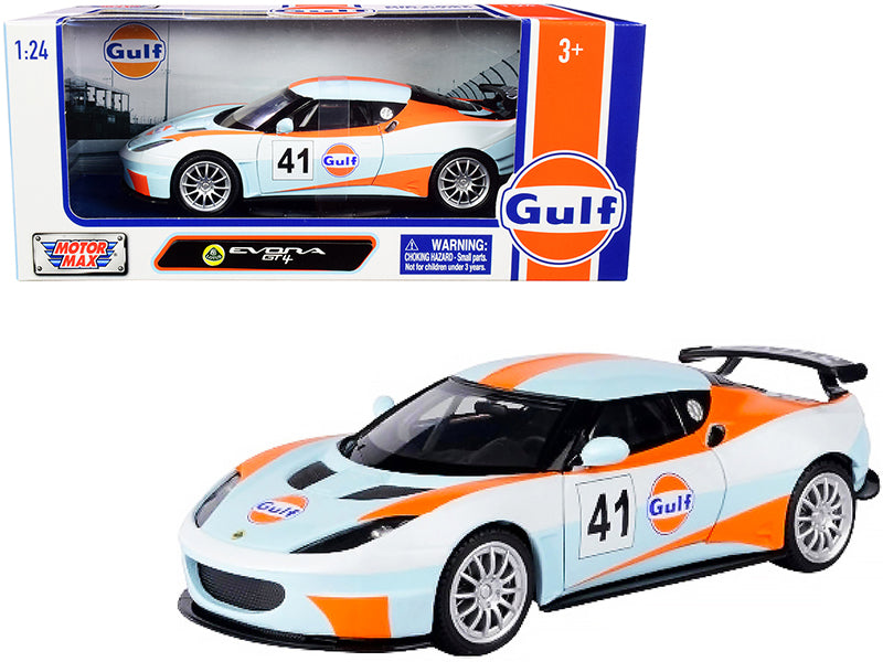 Lotus Evora GT4 #41 "Gulf Oil" Light Blue with White and Orange Stripes 1/24 Diecast Model Car by Motormax free shipping USA
