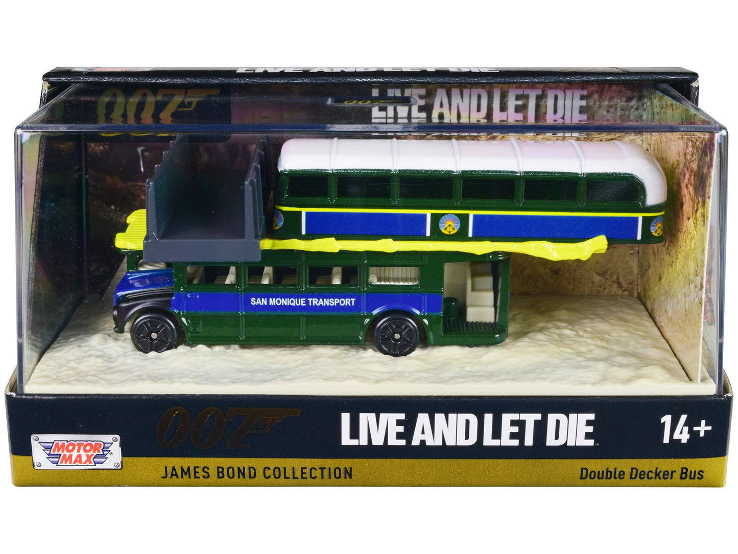 Double Decker Bus "San Monique Transport" "Hitting Bridge Scene" James Bond 007 "Live and Let Die" (1973) Movie with Display "James Bond Collection" Series Diecast Model by Motormax free shipping USA