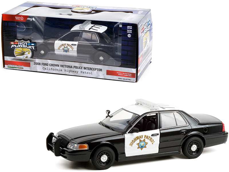 2008 Ford Crown Victoria Police Interceptor Black and White CHP "California Highway Patrol" "Hot Pursuit" Series 1/24 Diecast Model Car by Greenlight free shipping USA