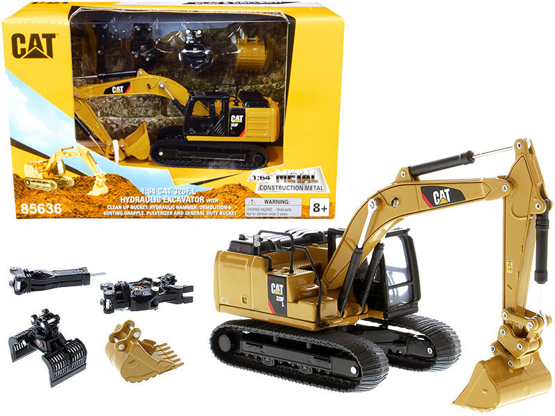 CAT Caterpillar 320F L Hydraulic Tracked Excavator with 5 Work Tools "Play & Collect!" 1/64 Diecast Model by Diecast Masters free shipping USA
