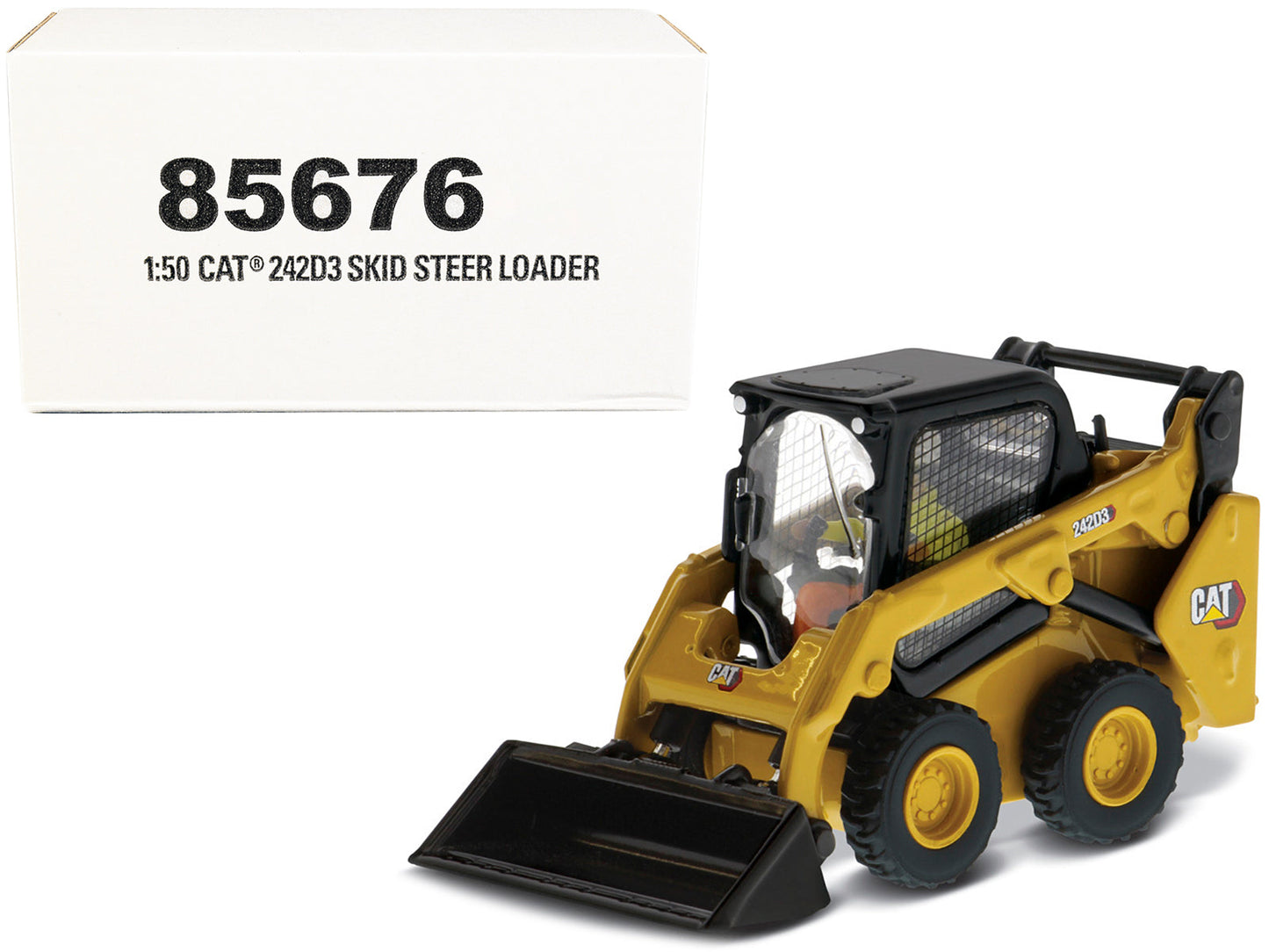 CAT Caterpillar 242D3 Wheeled Skid Steer Loader with Work Tools and Operator Yellow "High Line Series" 1/50 Diecast Model by Diecast Masters free shipping USA