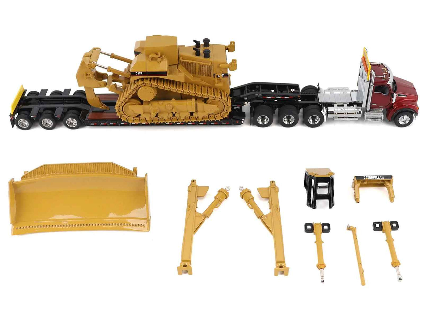 Kenworth T880 Day Cab Red and Trail King TK120 Lowboy Trailer with CAT Caterpillar D11R Dozer and Components Load "Transport Series" 1/50 Diecast Model by Diecast Masters
