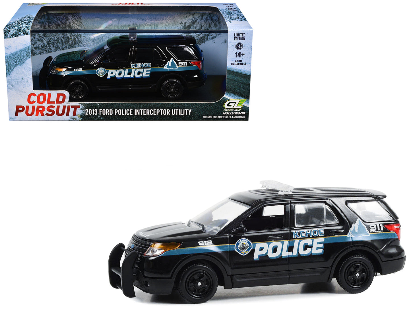 2013 Ford Police Interceptor Utility "Kehoe Police Department Kehoe Colorado" Black with White Stripes "Cold Pursuit" (2019) Movie 1/43 Diecast Model Car by Greenlight free shipping USA