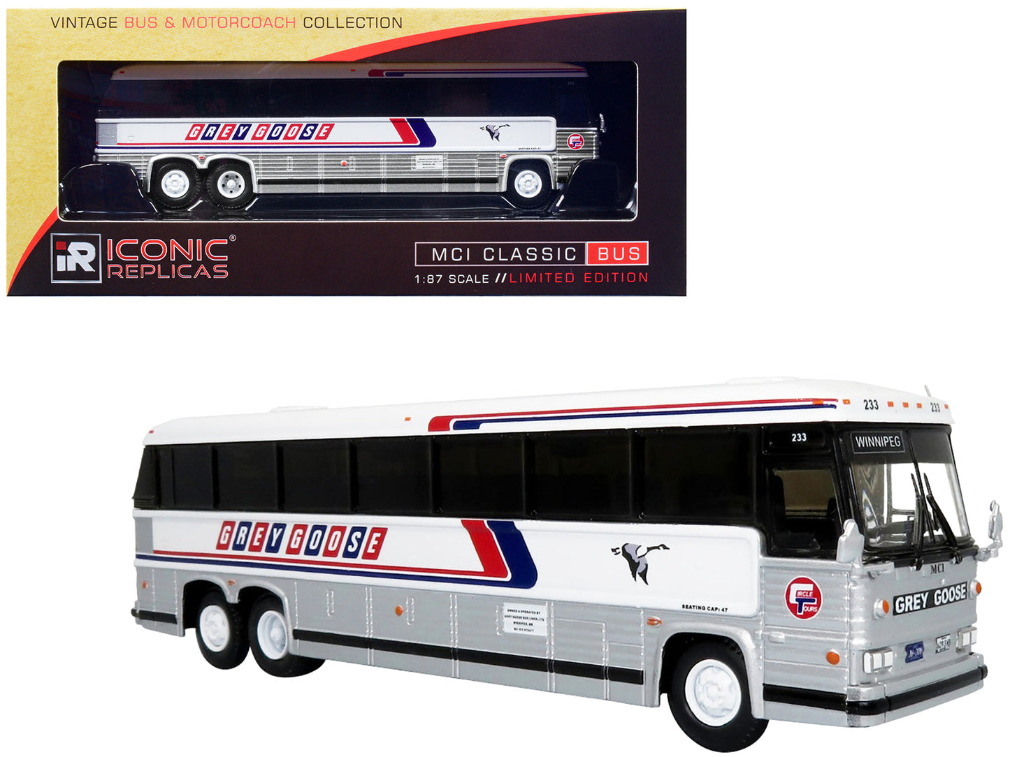 MCI MC-12 Coach Classic Bus "Grey Goose Lines" Destination: Winnipeg (Manitoba Canada) "Vintage Bus & Motorcoach Collection" 1/87 Diecast Model by Iconic Replicas free shipping USA