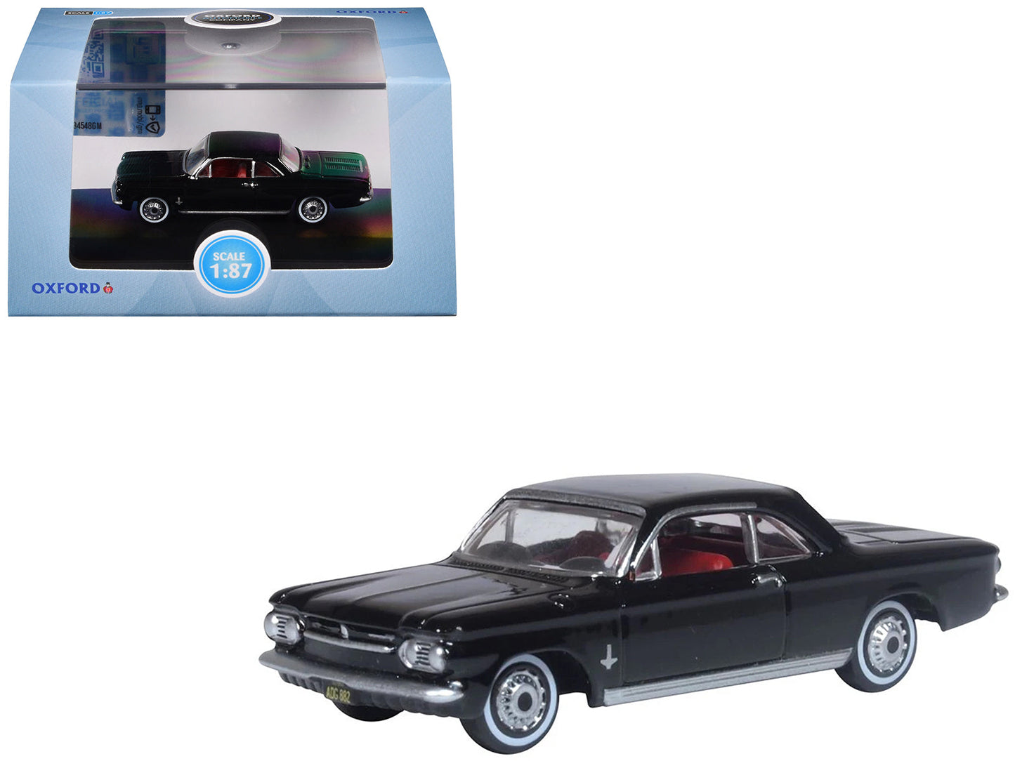 1963 Chevrolet Corvair Coupe Tuxedo Black with Red Interior 1/87 (HO) Scale Diecast Model Car by Oxford Diecast free shipping USA