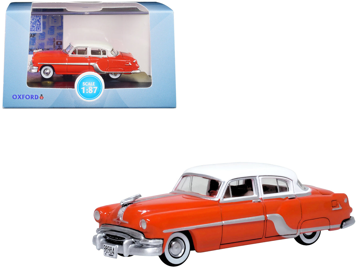 1954 Pontiac Chieftain 4 Door Coral Red with Winter White Top 1/87 (HO) Scale Diecast Model Car by Oxford Diecast free shipping USA