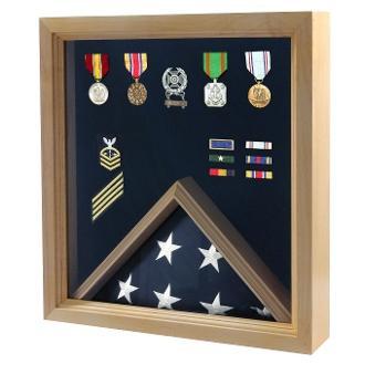 Flag and Medal Display Case - Military Shadow Box - Oak, wood case