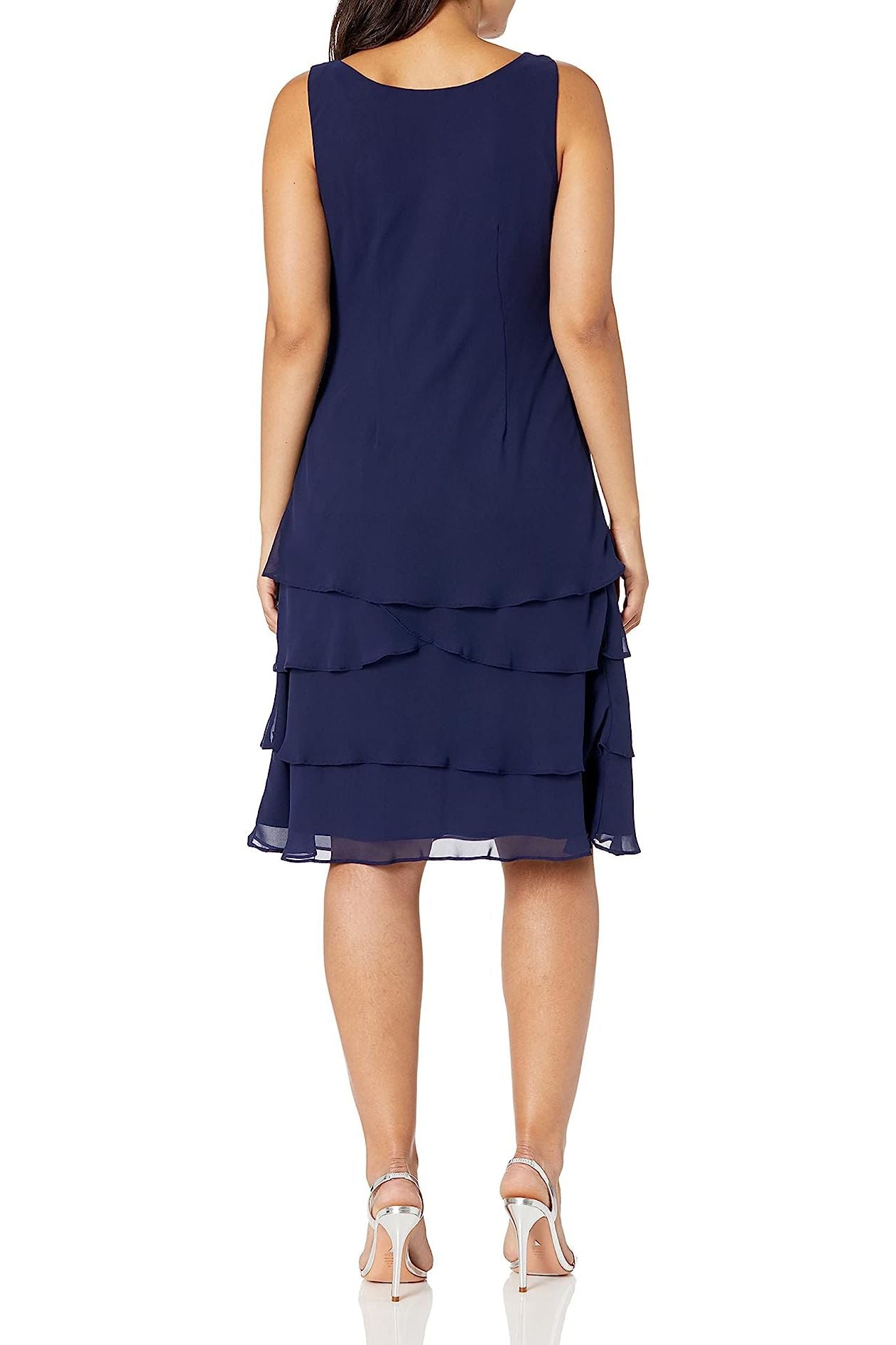 SL Fashion Embellished Scoop Neck Sleeveless Tier Chiffon Dress with Matching Embellished Lace Shoulder Jacket by Curated Brands