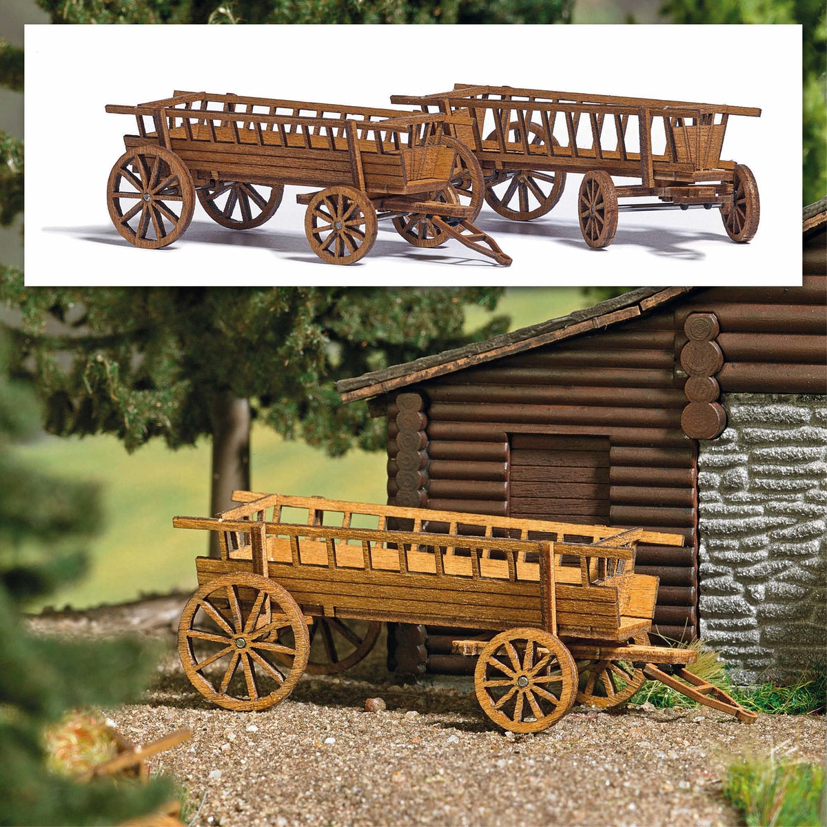 Busch 1385 HO Scale Hay Wagons Laser-Cut Wood Kit, 2-Pack