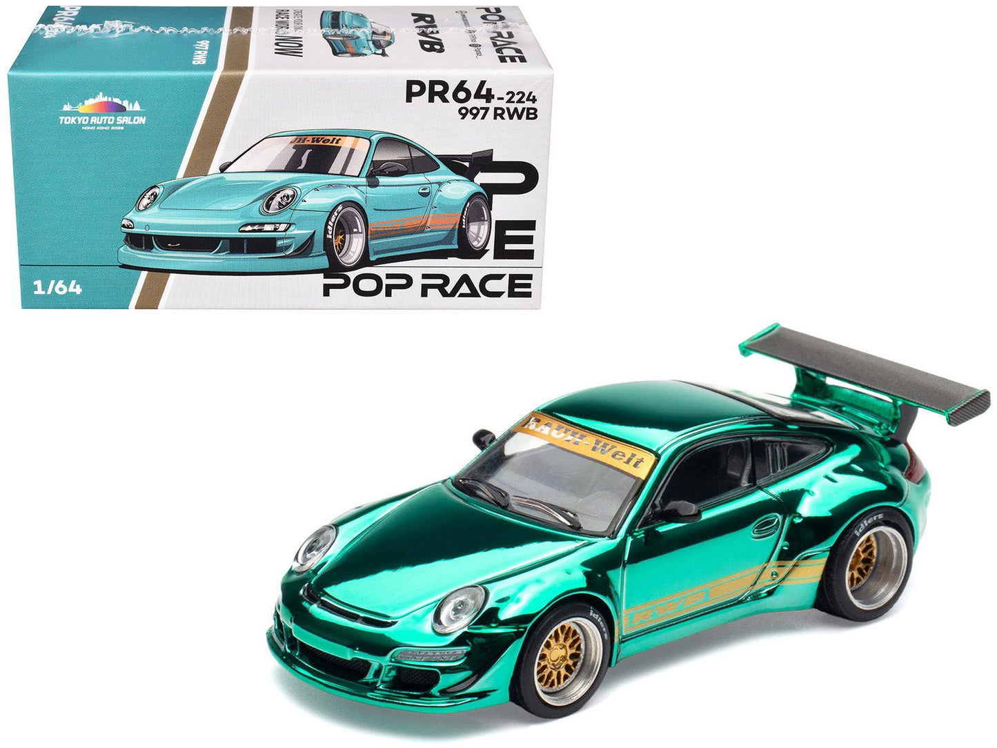 997 RWB Spectraflame Teal with Gold Stripes "Tokyo Auto Salon - Hong Kong 2025" 1/64 Diecast Model Car by Pop Race free shipping USA
