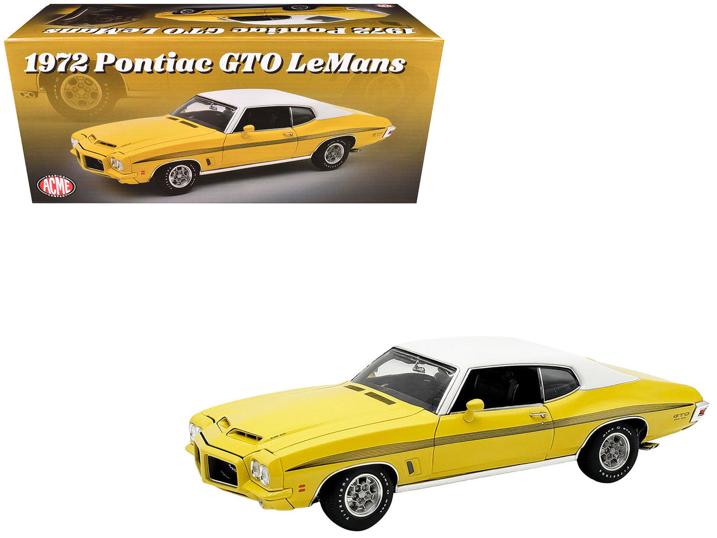 1972 Pontiac GTO LeMans Monarch Yellow with GTO Stripes and White Vinyl Top Limited Edition to 264 pieces Worldwide 1/18 Diecast Model Car by ACME free shipping USA