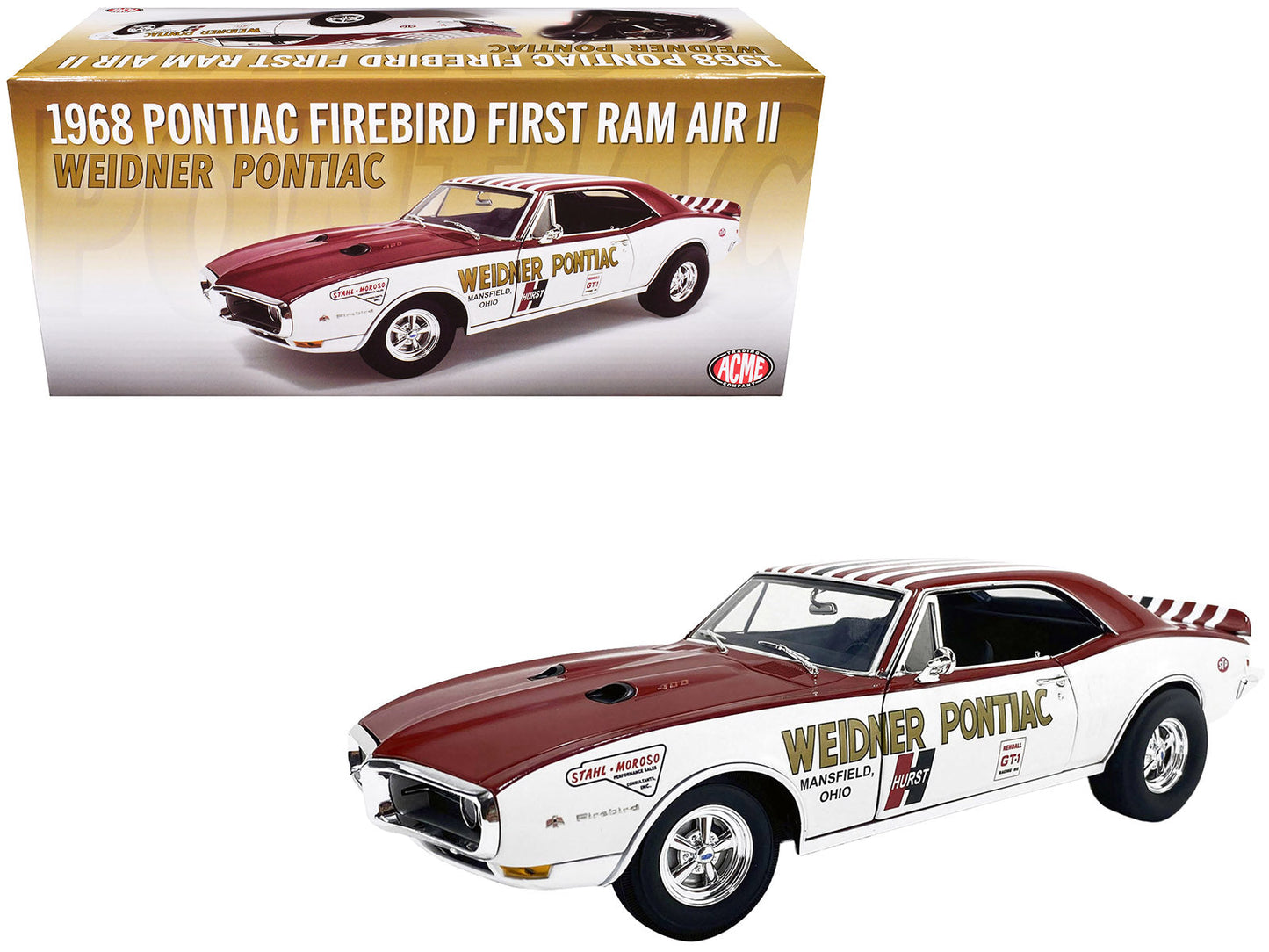 1968 Pontiac Firebird "First Ram Air II - Weidner Pontiac" White and Red with Stripes Limited Edition to 306 pieces Worldwide 1/18 Diecast Model Car by ACME free shipping USA