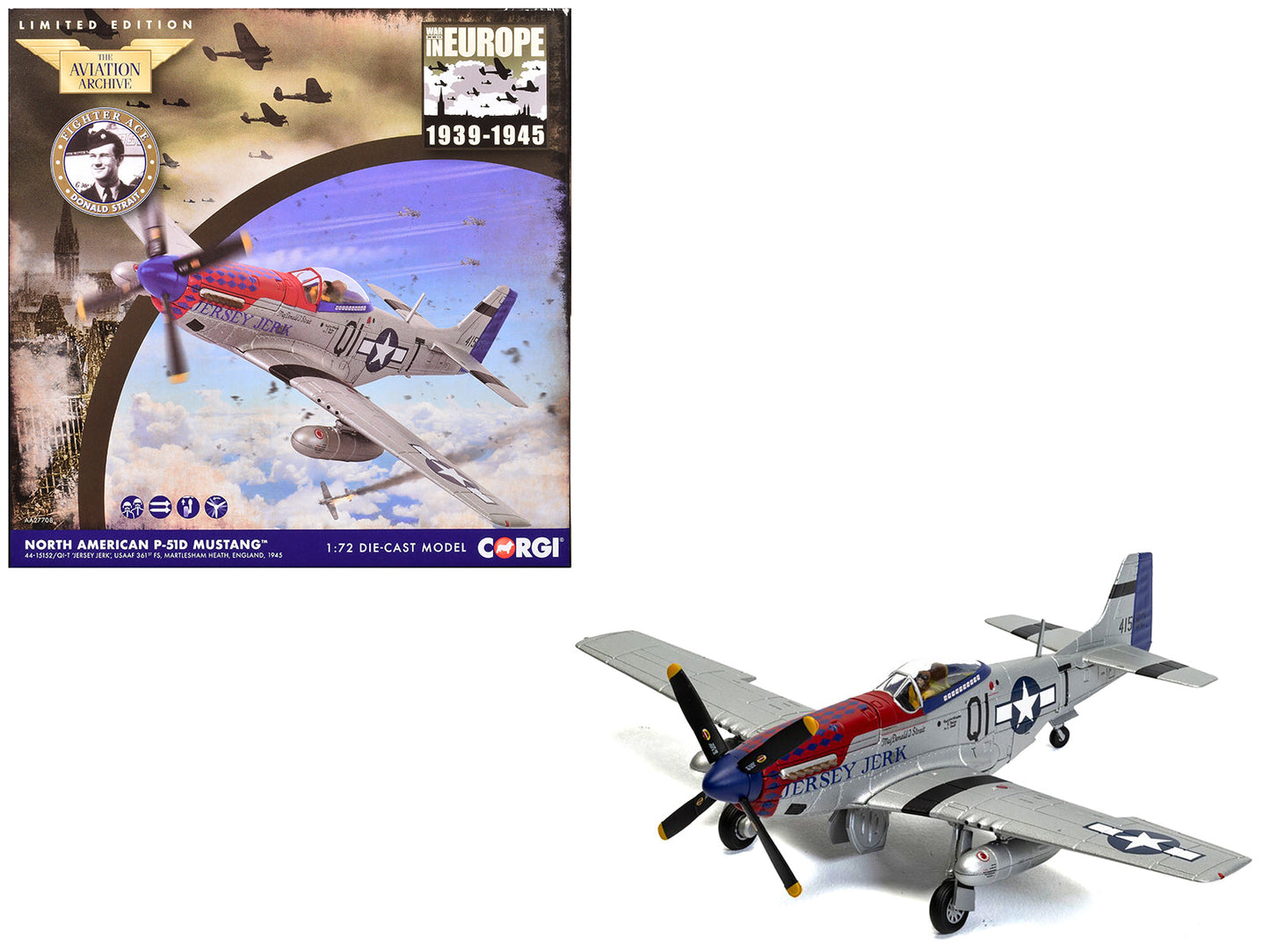 North American P-51D Mustang Aircraft "Jersey Jerk 361st Fighter Squadron Martlesham Heath" United States Army Air Forces "The Aviation Archive" Series 1/72 Diecast Model by Corgi free shipping USA