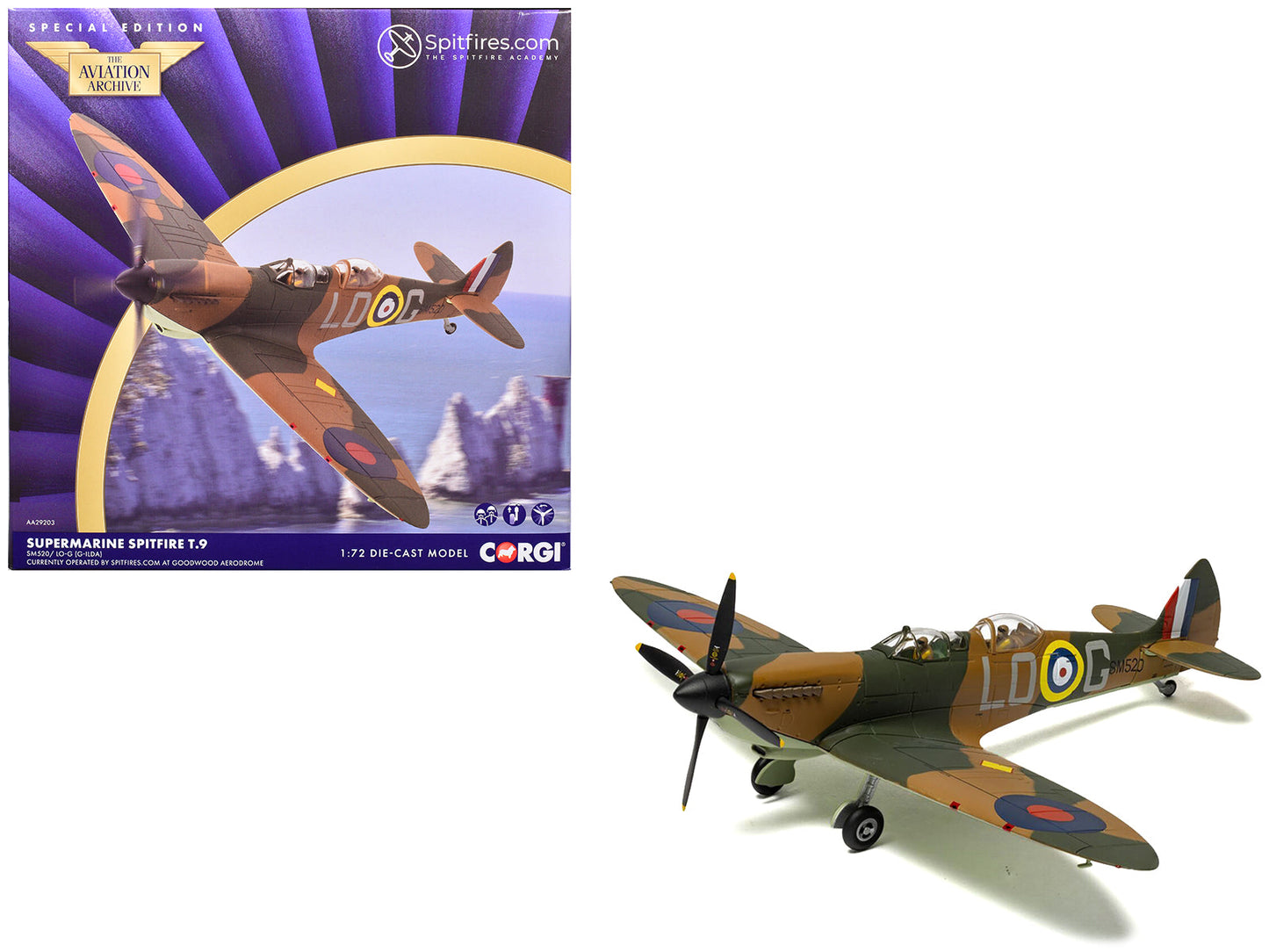 Supermarine Spitfire T.9 Aircraft "SM520 Spitfires.com Goodwood Aerodrome" British Royal Air Force "The Aviation Archive" Series 1/72 Diecast Model by Corgi free shipping USA