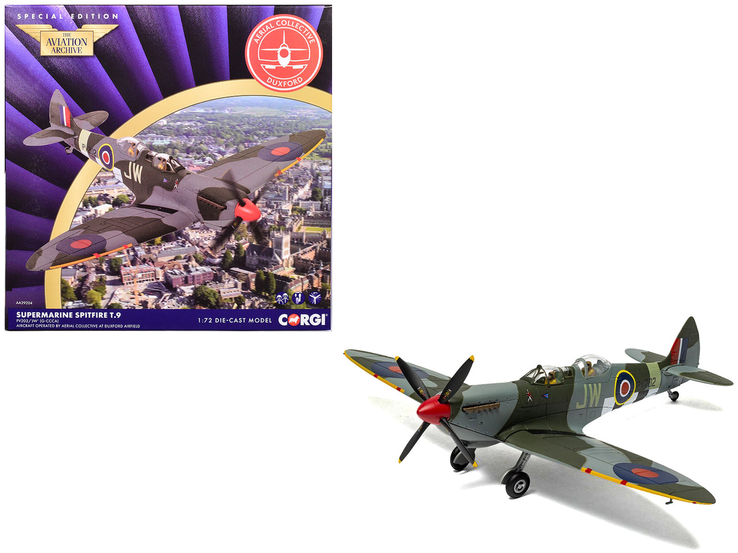 Supermarine Spitfire T.9 Aircraft "PV202 Aerial Collective at Duxford Airfield" British Royal Air Force "The Aviation Archive" Series 1/72 Diecast Model by Corgi free shipping USA