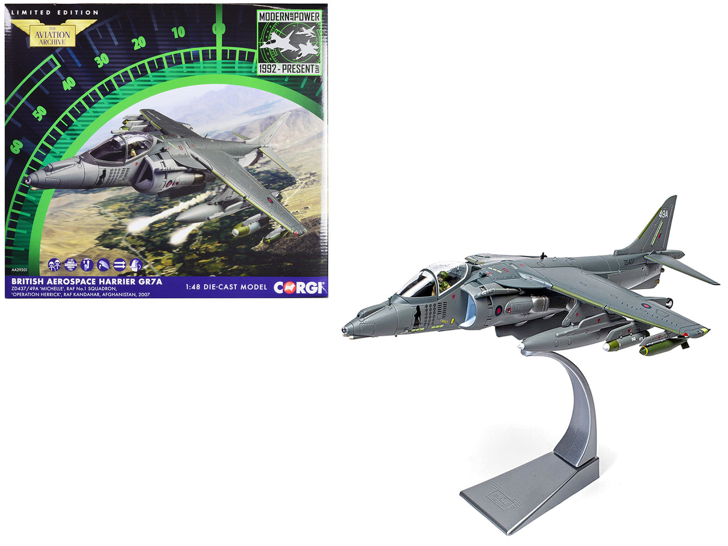 British Aerospace Harrier GR7A Aircraft "Michelle RAF No.1 Squadron Operation Herrick RAF Kandahar Afghanistan" (2007) Royal Air Force "The Aviation Archive" Series 1/48 Diecast Model by Corgi free shipping USA