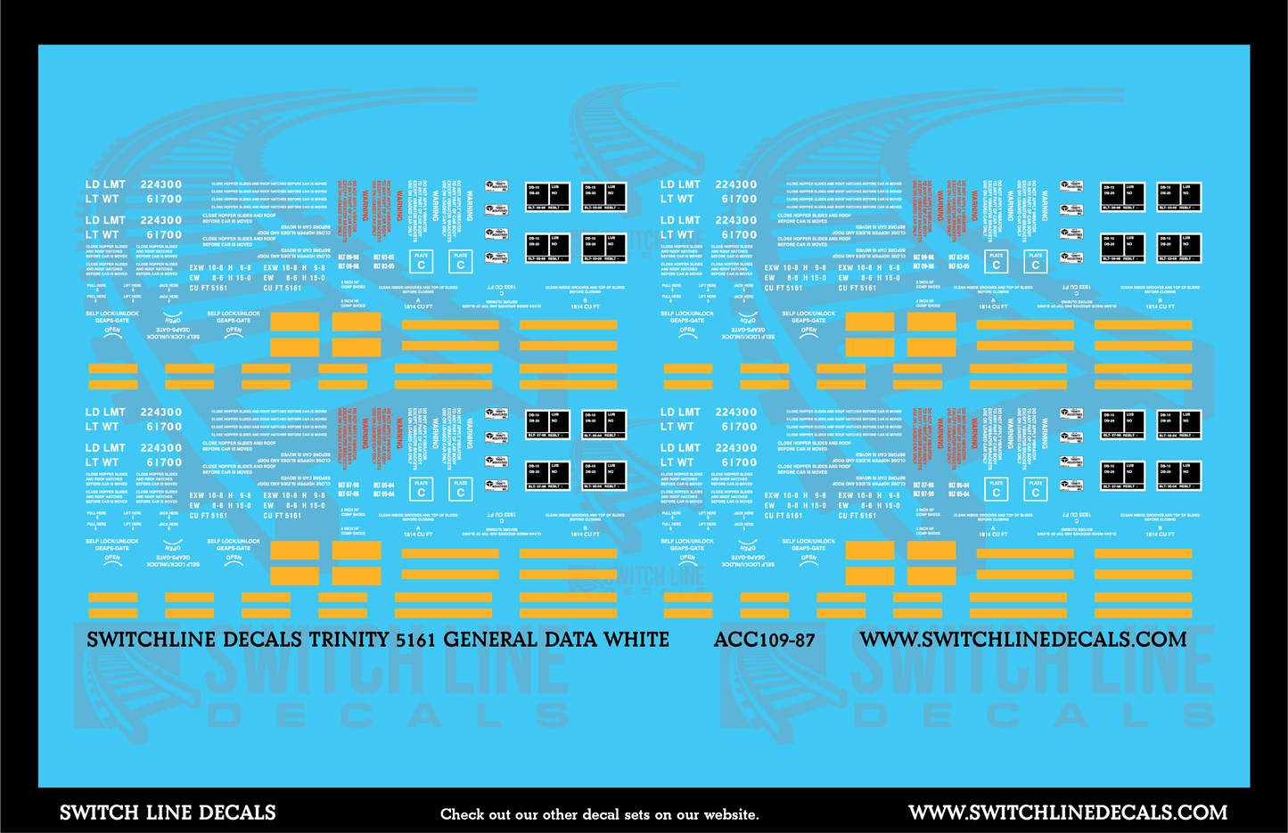 HO Scale Trinity 5161 CuFt Covered Hopper White General Data Decal Set