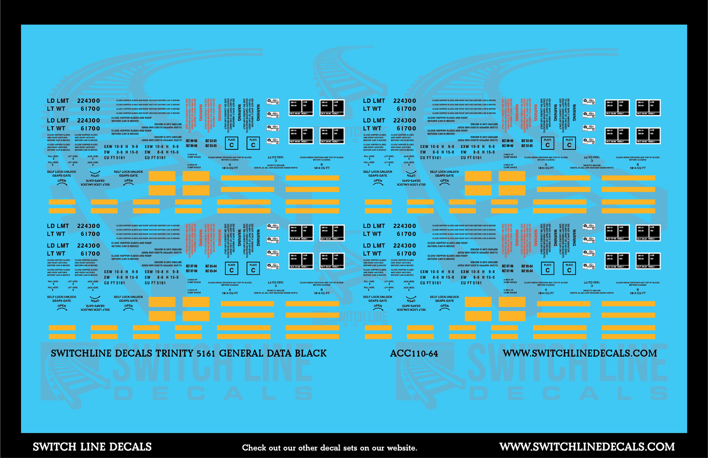 S Scale Trinity 5161 CuFt Covered Hopper Black General Data Decal Set