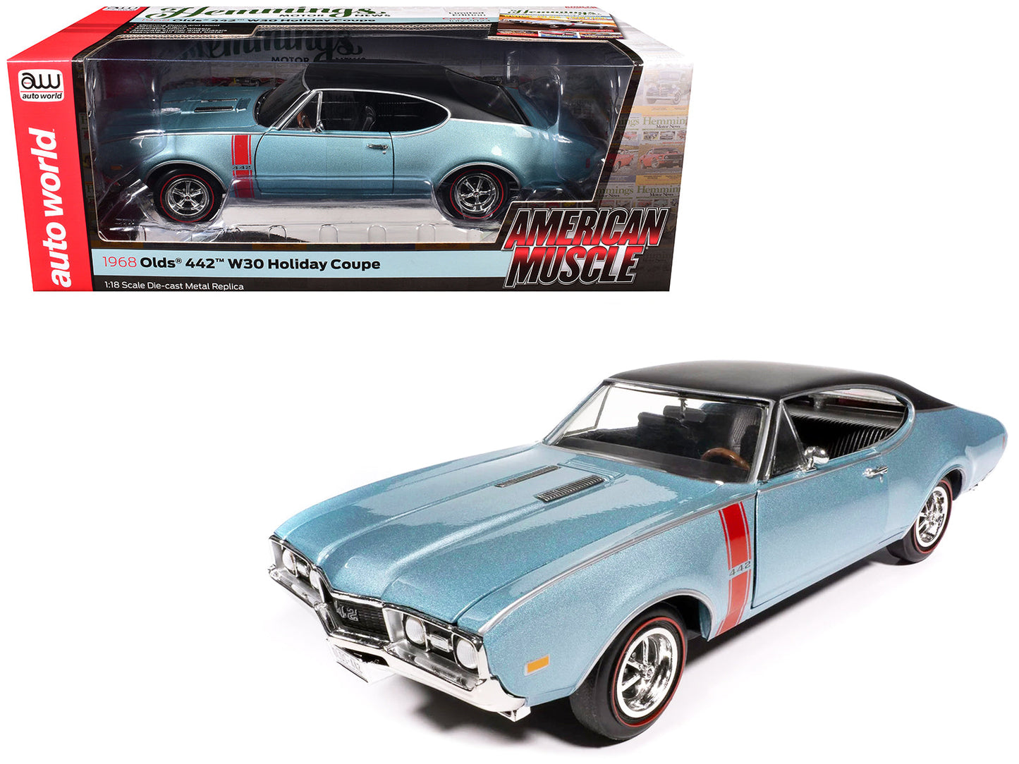 1968 Oldsmobile 442 W30 Holiday Coupe Teal Frost Metallic with Red Stripes and Black Vinyl Top "Hemmings Motor News July 2023 Cover Car" "American Muscle" Series 1/18 Diecast Model Car by Auto World free shipping USA