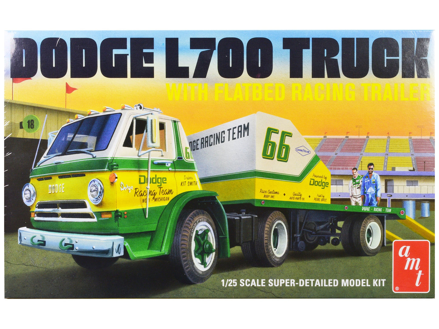 Skill 3 Model Kit 1966 Dodge L700 Truck with Flatbed Racing Trailer 1/25 Scale Model by AMT free shipping USA