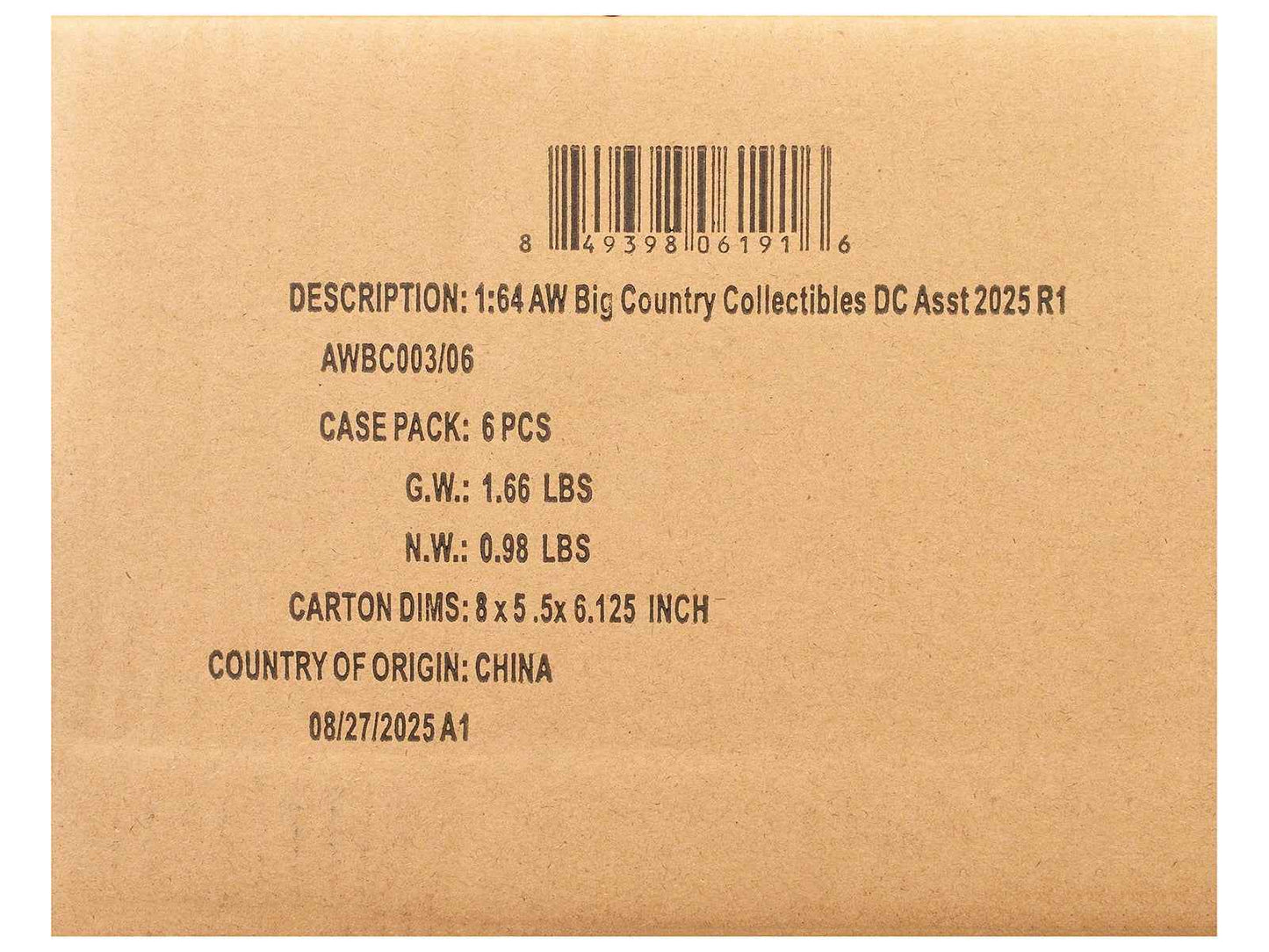 Big Country Collectibles 2025 Release 1 Set of 6 pieces 1/64 Diecast Model Cars by Auto World