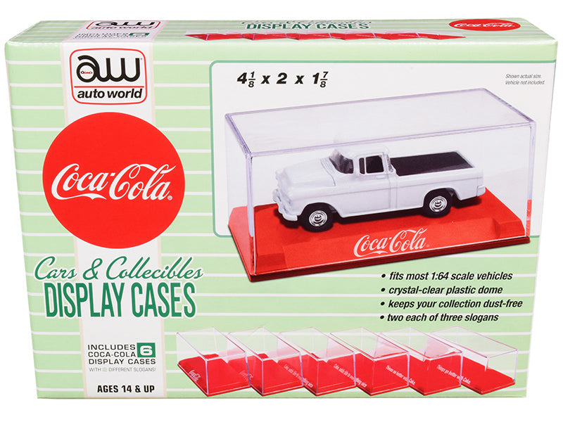 6 Collectible Acrylic Display Show Cases with Red Plastic Bases with 3 Different Slogans "Coca-Cola" for 1/64 Scale Model Cars by Auto World free shipping USA