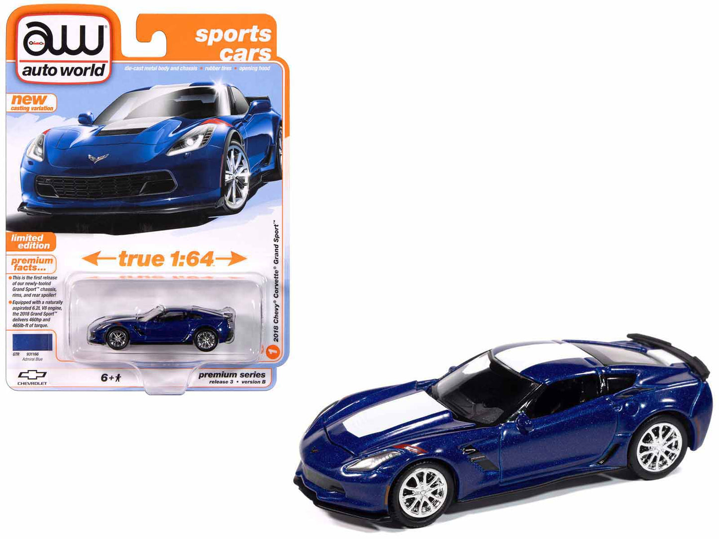 2018 Chevrolet Corvette Grand Sport Admiral Blue with White Stripe "Sports Cars" Series 1/64 Diecast Model Car by Auto World free shipping USA