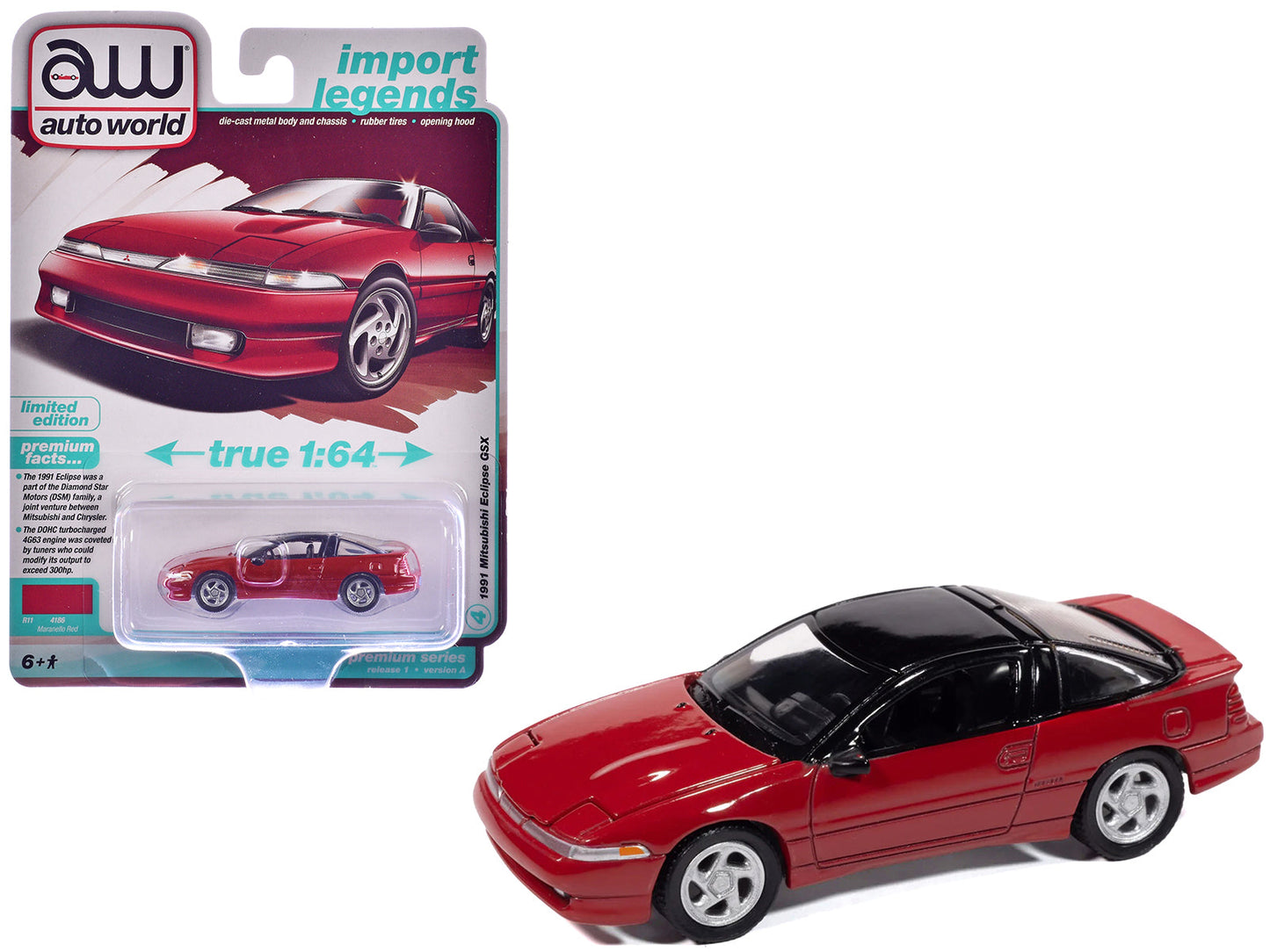 1991 Mitsubishi Eclipse GSX Maranello Red with Black Top "Import Legends" Series 1/64 Diecast Model Car by Auto World free shipping USA