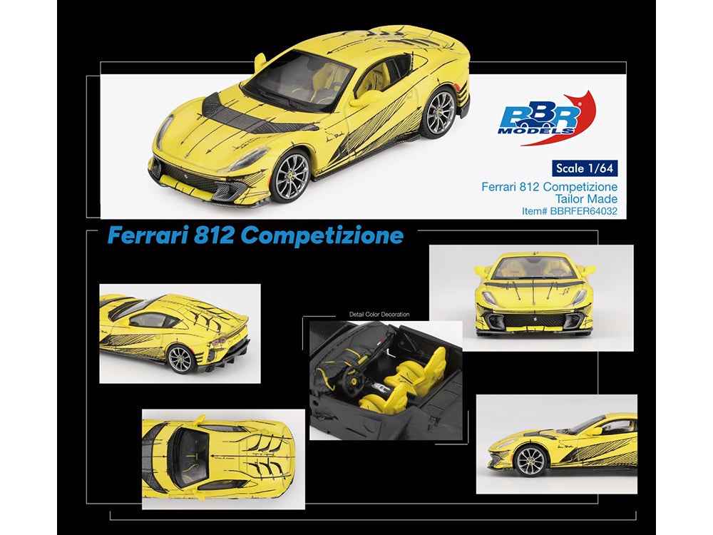 Ferrari 812 Competizione Matt Yellow with Graphics and Yellow Interior "Tailor Made" 1/64 Diecast Model Car by BBR