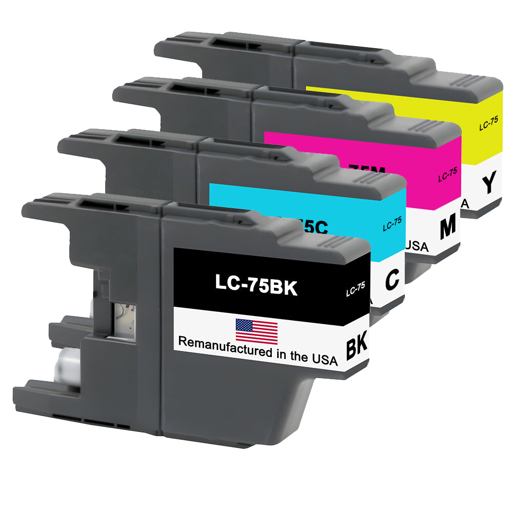 U.S. Remanufactured for Brother LC75 1 Black / 3 Color Ink Cartridges 4-pack
