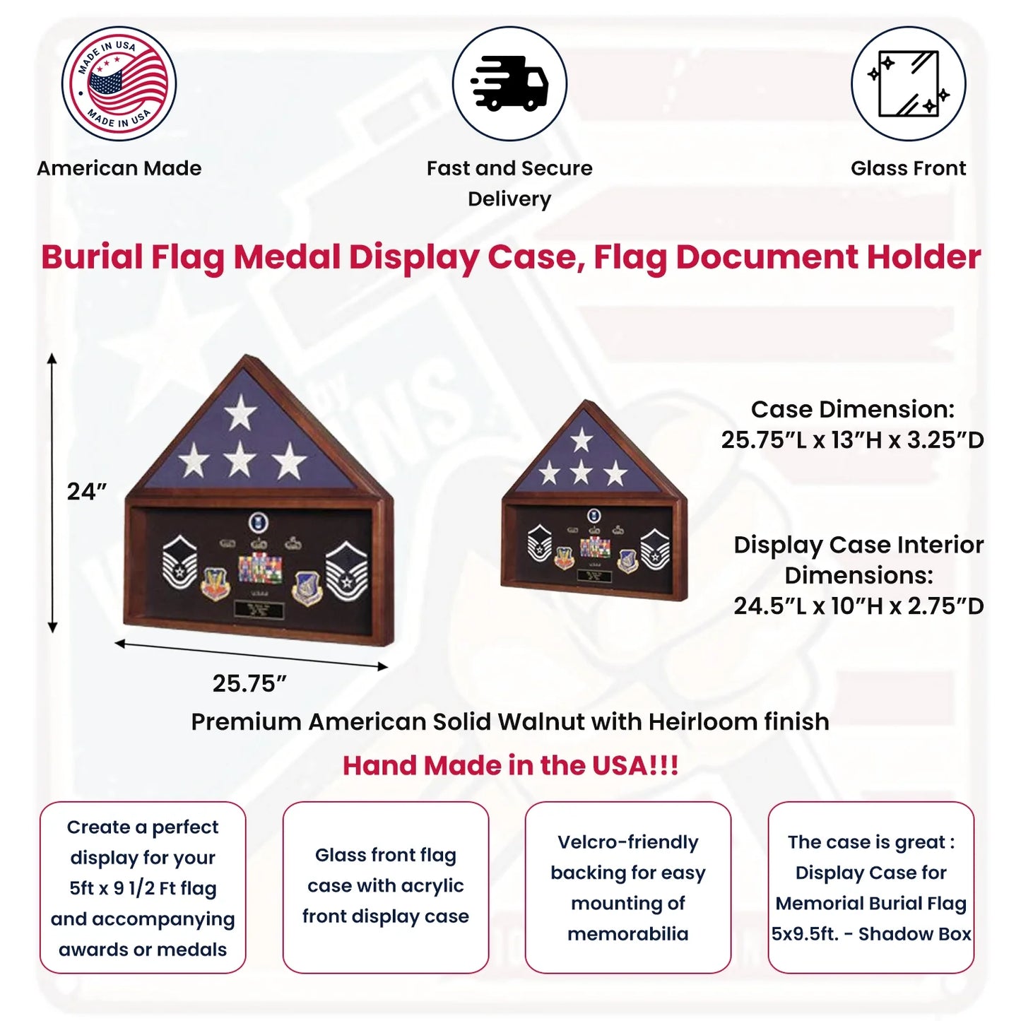 Burial Flag Medal Display case, Ceremonial Flag display.