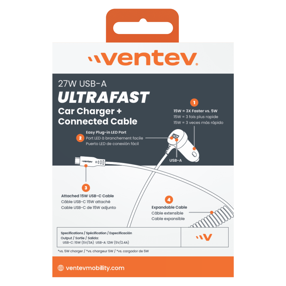 Ventev 12W USB A Car Charger w / attached 15W USB C Cord N/A by Ventev