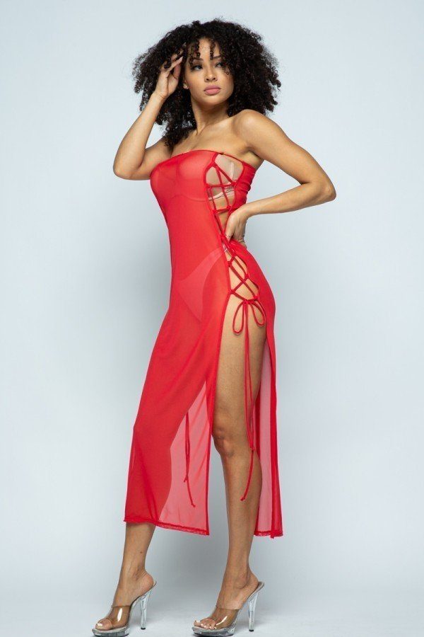 Solid Mesh Side Lace Up Cover Up Dress by Balec Group