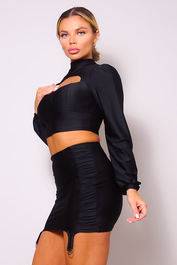 Puff Long Sleeve Front Cutout Turtleneck Blouse & Side Ruched Garter Mini Skirt Set by Balec Group