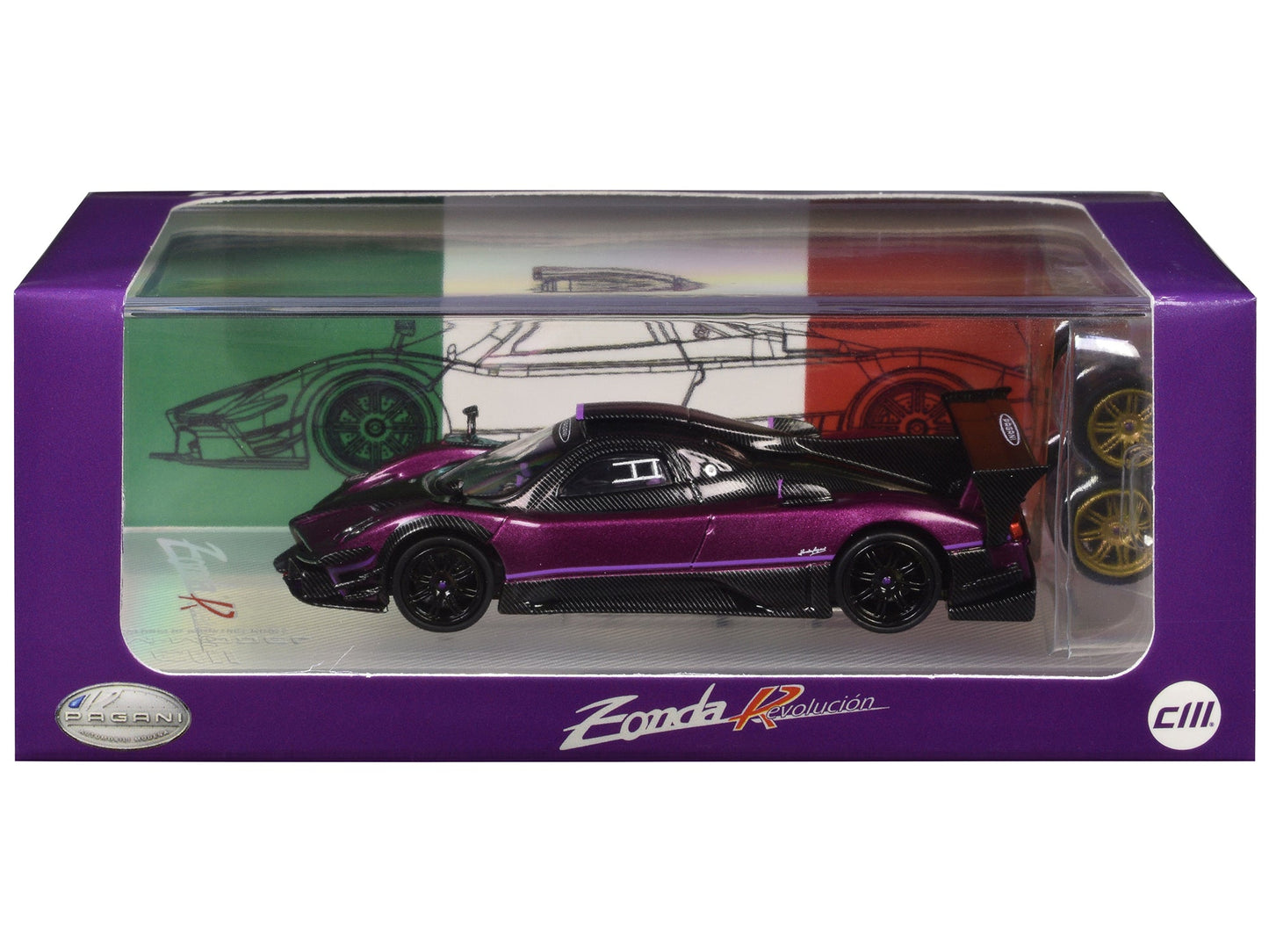Pagani Zonda Revolucion Purple Metallic and Carbon with Extra Wheels 1/64 Diecast Model Car by CM Model free shipping USA