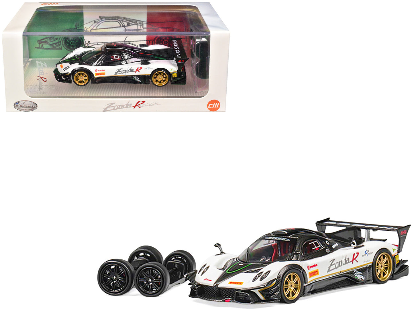 Pagani Zonda Revolucion White and Carbon with Extra Wheels 1/64 Diecast Model Car by CM Model free shipping USA
