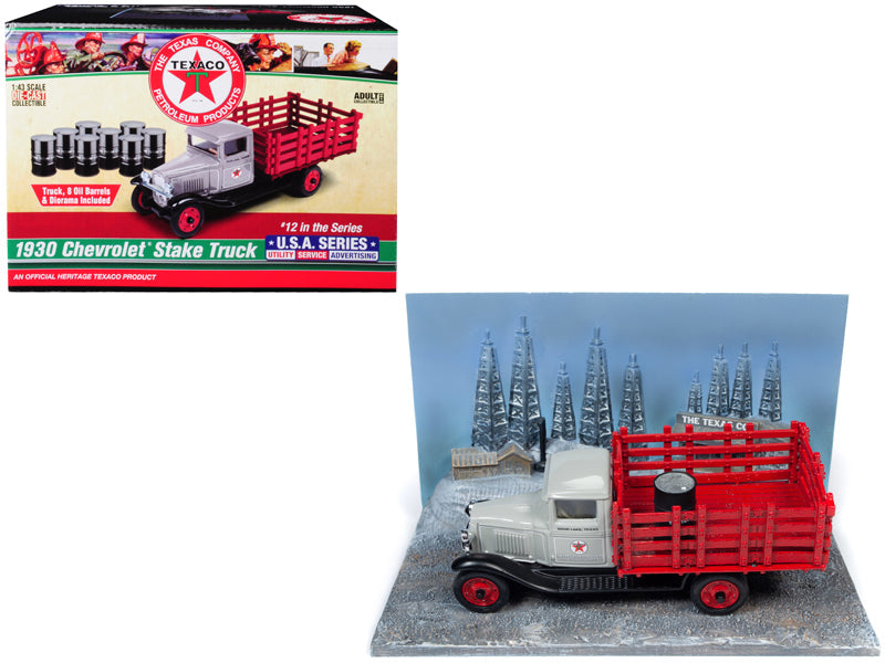 1930 Chevrolet Stake Truck with Eight Oil Barrels and Oil Derricks Diorama "Texaco" 12th in the "U.S.A. Series" 1/43 Diecast Model by Auto World free shipping USA
