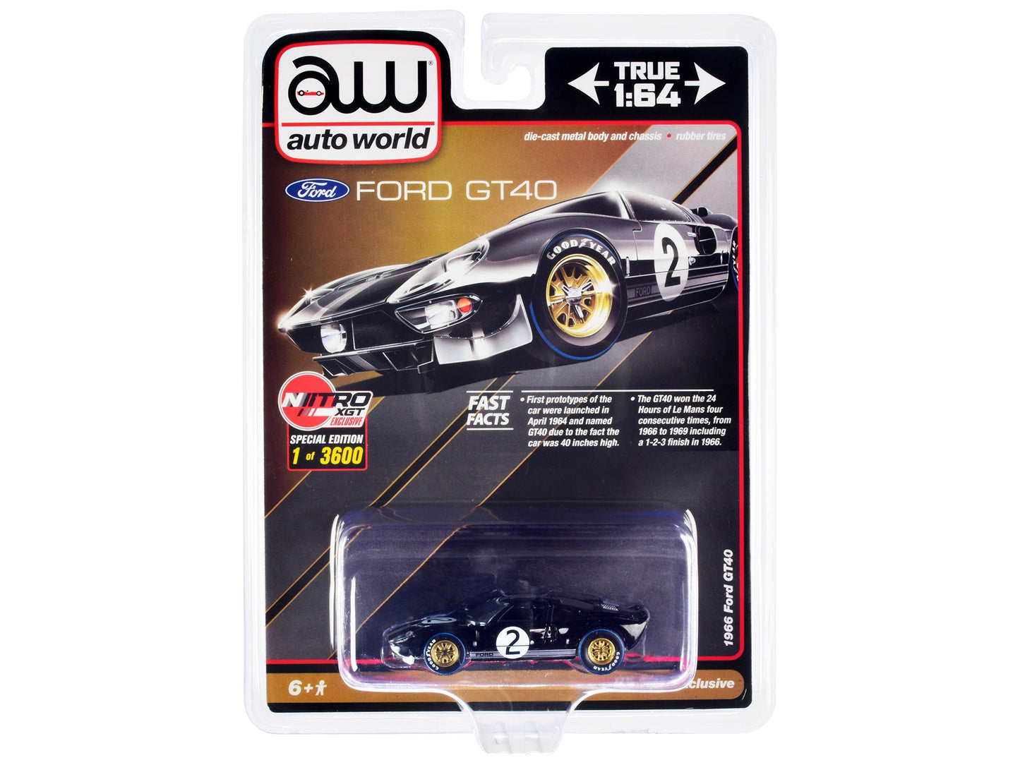 1966 Ford GT40 RHD (Right Hand Drive) #2 Black with Silver Stripes Limited Edition to 3600 pieces Worldwide 1/64 Diecast Model Car by Auto World free shipping USA
