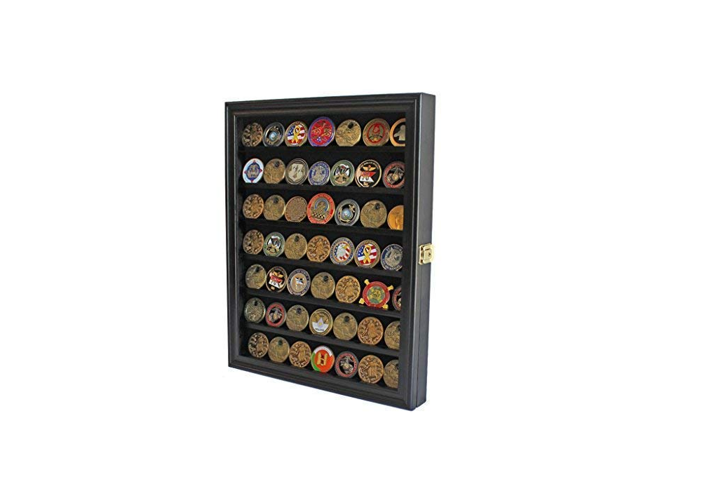 Challenge Coin / Casino Chip Display Case Cabinet Holder Shadow Box, Glass Door, Black - 7 shelves