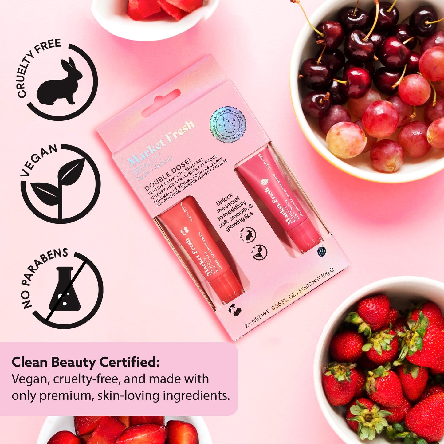 Peptide Glow Lip Serum Set by Market Fresh Beauty - Double Dose Hydrating Lip Care, Cherry & Strawberry Flavors, Vegan, Cruelty-Free, Clean Ingredients, 2 Pack by Los Angeles Brands
