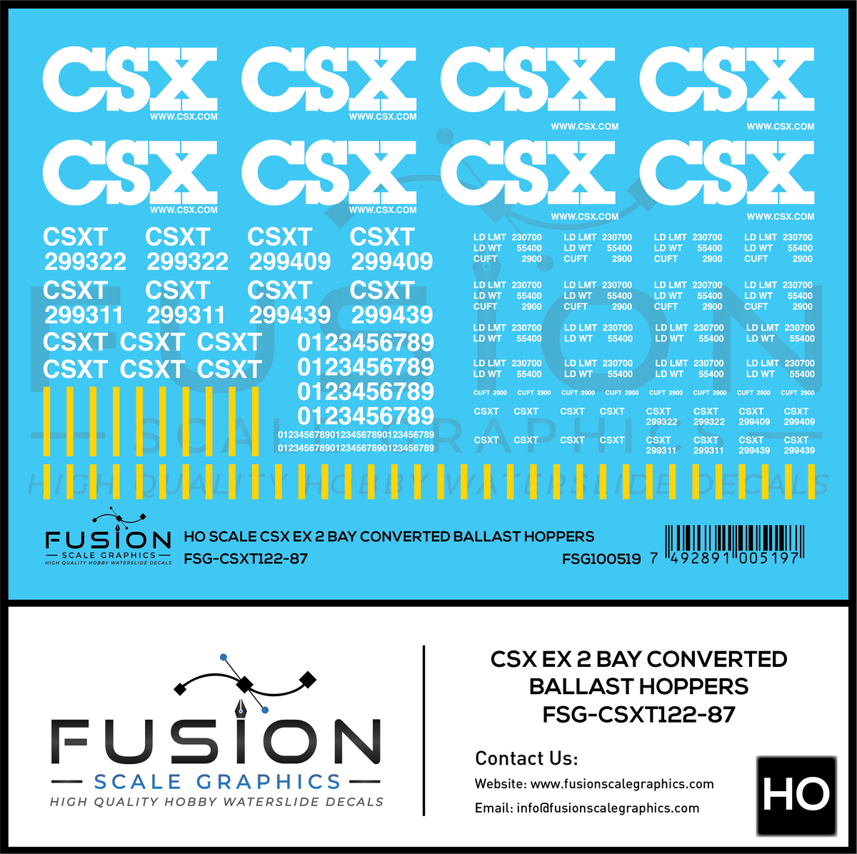 HO Scale CSXT / CSX Converted Ex 2 Bay Ballast Hoppers Decal Set