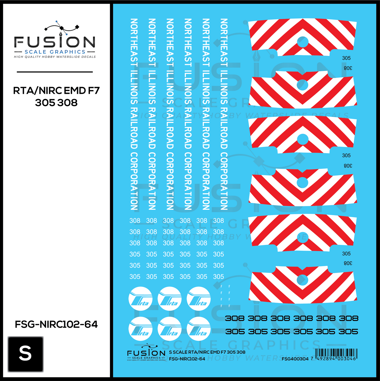 S Scale RTA/Northeast Illinois Railroad Corp EMD F7 305, 308 Locomotives Decal Set