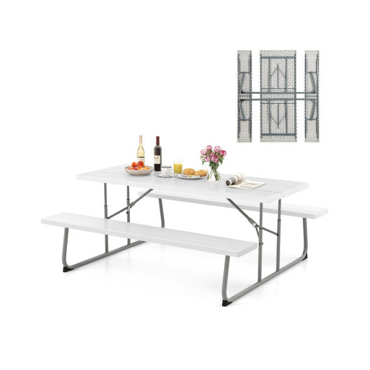 Folding Picnic Table Set with Metal Frame and All-Weather HDPE Tabletop Umbrella Hole-White
