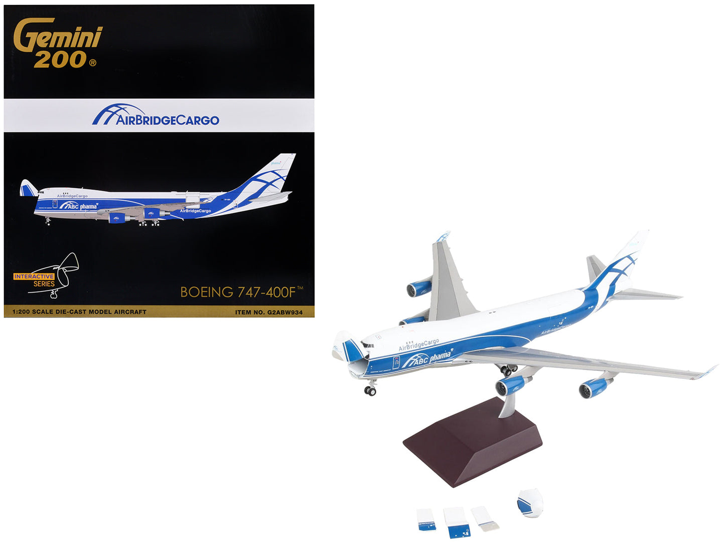 Boeing 747-400F Commercial Aircraft "AirBridgeCargo Airlines" White with Blue Stripes "Gemini 200 - Interactive" Series 1/200 Diecast Model Airplane by GeminiJets free shipping USA