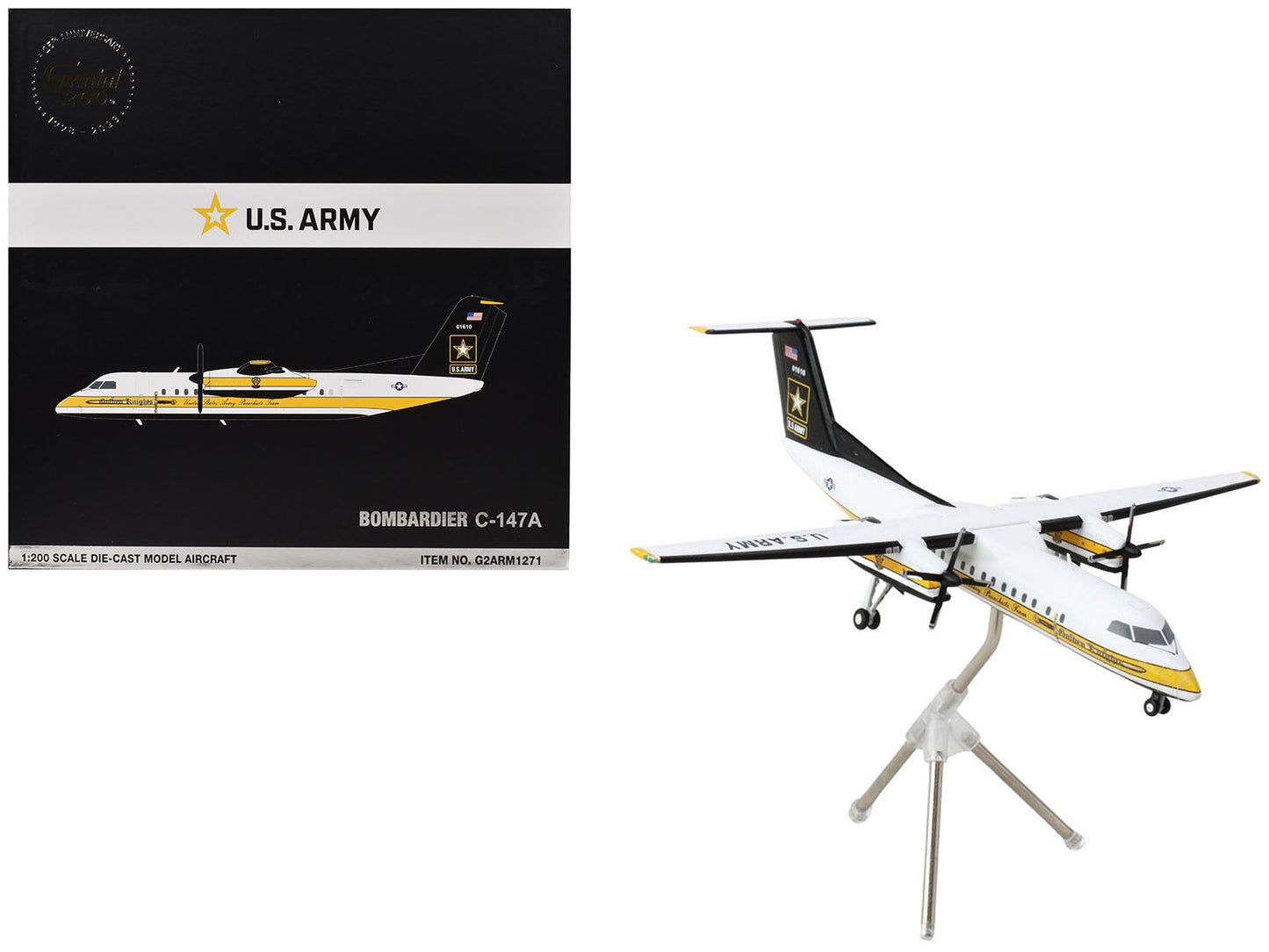 Bombardier C-147A Transport Aircraft "Golden Knights Parachute Team" United States Army (17-01610) White with Yellow Stripes and Black Tail "Gemini 200" Series 1/200 Diecast Model Airplane by GeminiJets free shipping USA
