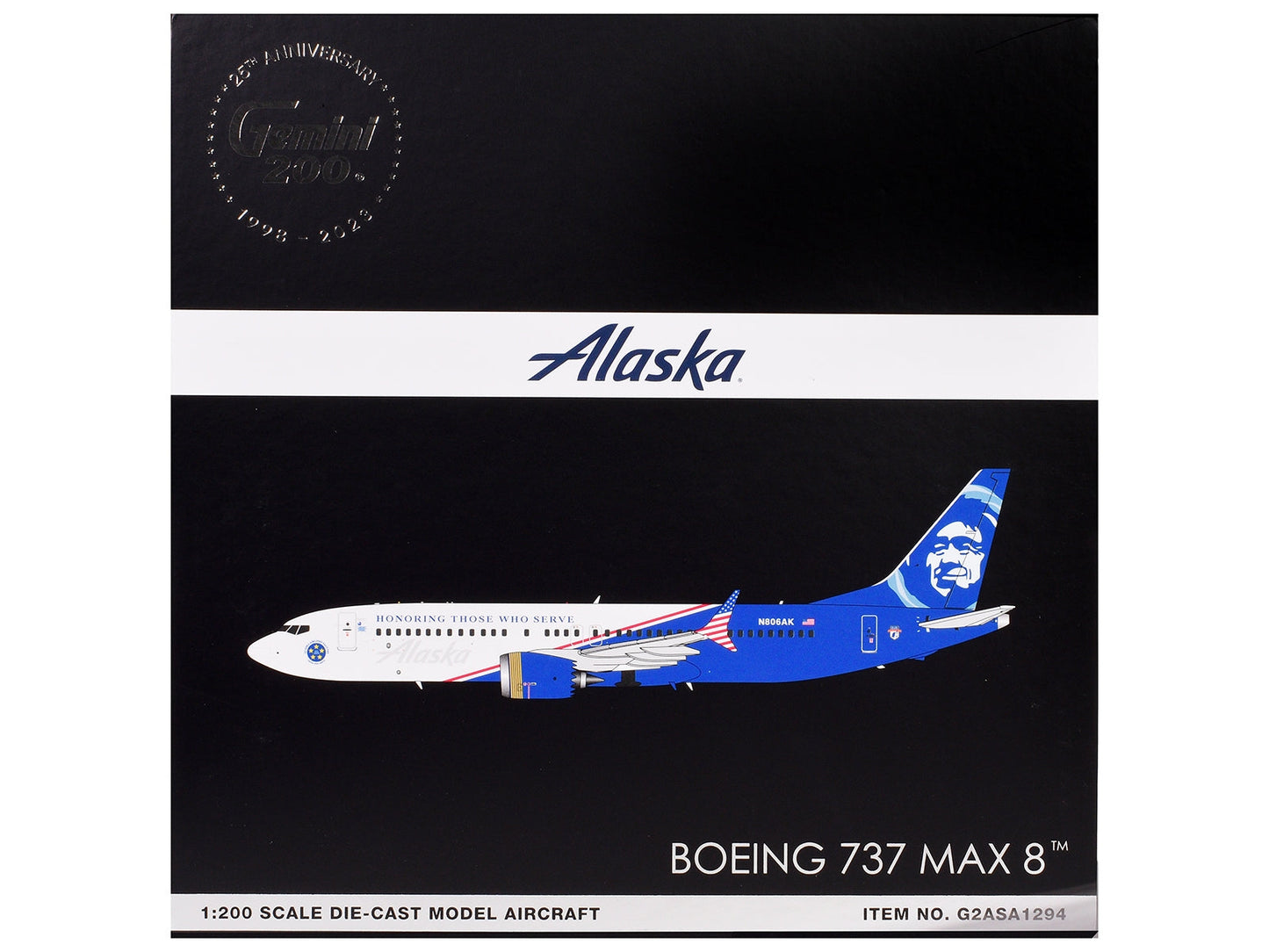 Boeing 737 MAX 8 Commercial Aircraft "Alaska Airlines - Honoring Those Who Serve" (N806AK) White and Blue "Gemini 200" Series 1/200 Diecast Model Airplane by GeminiJets