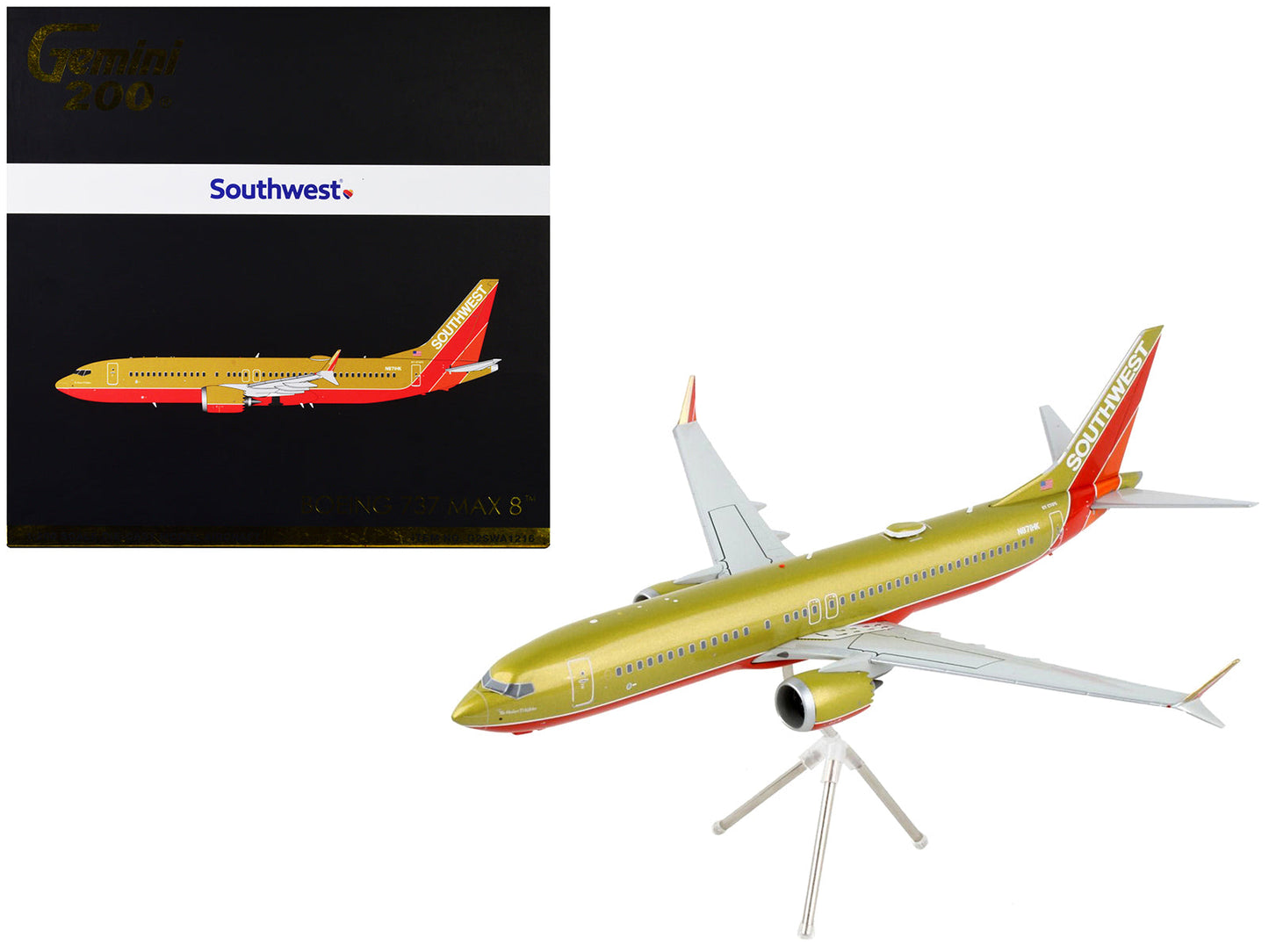 Boeing 737 MAX 8 Commercial Aircraft "Southwest Airlines" Gold and Red "Gemini 200" Series 1/200 Diecast Model Airplane by GeminiJets free shipping USA